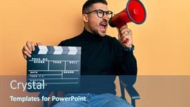  Presentation with clapboard - Amazing presentation theme having handsome-man-with-tattoos-holding backdrop and a ocean colored foreground