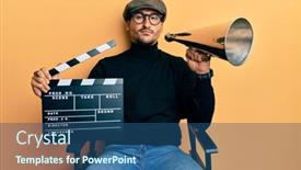  Presentation with camera film - PPT theme consisting of handsome-man-with-tattoos-holding background and a ocean colored foreground