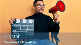  Presentation with clapboard - Cool new PPT layouts with handsome-man-with-tattoos-holding backdrop and a ocean colored foreground