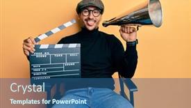  Presentation with clapboard - Colorful PPT theme enhanced with handsome-man-with-tattoos-holding backdrop and a ocean colored foreground