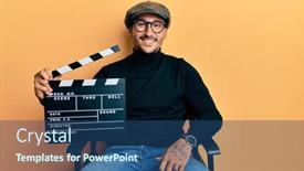  Presentation with film director - Colorful slide deck enhanced with handsome-man-with-tattoos-holding backdrop and a ocean colored foreground