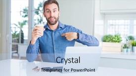  Presentation with pen laptop coffee cup clips - Presentation with handsome man working using computer background and a light blue colored foreground