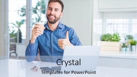  Presentation with pen laptop coffee cup clips - Presentation featuring handsome man working using computer background and a light blue colored foreground