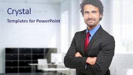  Presentation with unlock potential motivational concept manager - Audience pleasing presentation theme consisting of handsome manager in his office backdrop and a sky blue colored foreground