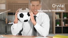  Presentation with soccer - Slide deck having handsome manager with soccer ball background and a coral colored foreground