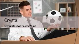  Presentation with soccer - Slide set featuring handsome manager with soccer ball background and a light gray colored foreground