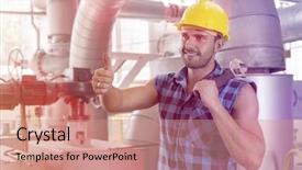  Presentation with worker - Slides consisting of handsome manual worker gesturing thumbs background and a  colored foreground