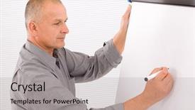  Presentation with flip chart - Slide deck with handsome mature businessman writing at empty flip chart looking aside background and a light gray colored foreground