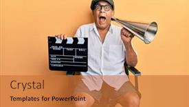  Presentation with film director - Slide deck enhanced with handsome-mature-director-man-holding background and a red colored foreground