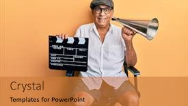  Presentation with film director - Colorful PPT theme enhanced with handsome-mature-director-man-holding backdrop and a gold colored foreground