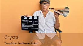  Presentation with film director - Beautiful PPT theme featuring handsome-mature-director-man-holding backdrop and a gold colored foreground