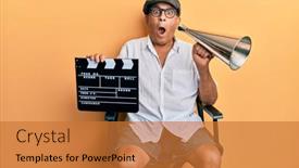  Presentation with film director - Audience pleasing slide set consisting of handsome-mature-director-man-holding backdrop and a gold colored foreground