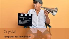  Presentation with film director - PPT theme having handsome-mature-director-man-holding background and a red colored foreground