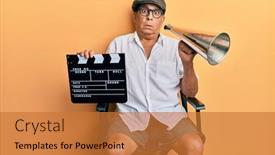  Presentation with film director - Cool new PPT theme with handsome-mature-director-man-holding backdrop and a red colored foreground