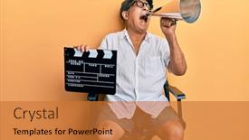  Presentation with film director - Slide set enhanced with handsome-mature-director-man-holding background and a gold colored foreground