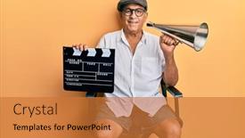  Presentation with film director - Presentation consisting of handsome-mature-director-man-holding background and a gold colored foreground