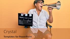  Presentation with clapboard - Amazing PPT layouts having handsome-mature-director-man-holding backdrop and a gold colored foreground