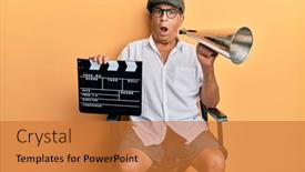  Presentation with film director - Theme featuring handsome-mature-director-man-holding background and a red colored foreground