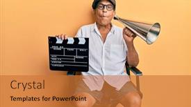  Presentation with film director - Amazing presentation theme having handsome-mature-director-man-holding backdrop and a gold colored foreground