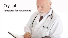  Presentation with doctor patient relations - Beautiful presentation theme featuring handsome mature doctor making notations backdrop and a white colored foreground