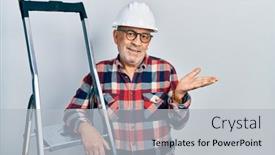  Presentation with hand palm - PPT theme enhanced with handsome-mature-handyman-close background and a  colored foreground