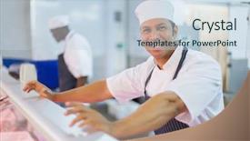 Presentation with butcher - Colorful theme enhanced with handsome mature male butcher looking at the camera backdrop and a lemonade colored foreground