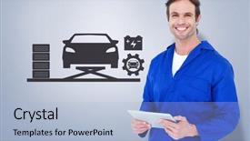  Presentation with mechanic tablet - Presentation featuring handsome mechanic holding digital tablet against grey vignette background and a light blue colored foreground