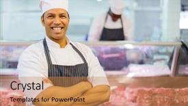  Presentation with butcher - Presentation theme with futcher - portrait of handsome mid age background and a coral colored foreground