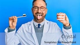  Presentation with denture - Presentation design enhanced with handsome-middle-age-dentist-man background and a light blue colored foreground