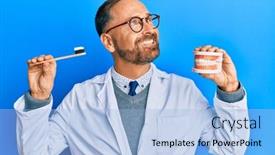  Presentation with denture - Beautiful PPT layouts featuring handsome-middle-age-dentist-man backdrop and a light blue colored foreground