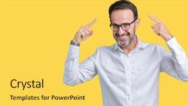  Presentation with great communication skills in business - Beautiful PPT theme featuring handsome middle age elegant senior business man wearing glasses isolated background smiling pointing head both hands finger great idea thought good memory backdrop and a yellow colored foreground