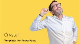  Presentation with stretching - Beautiful presentation featuring handsome middle age elegant senior business man wearing glasses over isolated background stretching back tired and relaxed sleepy and yawning for early morning backdrop and a yellow colored foreground