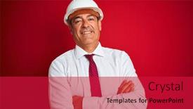  Presentation with camera security - Presentation design consisting of handsome middle age engineer man wearing security helmet over isolated red background happy face smiling with crossed arms looking at the camera positive person background and a crimson colored foreground