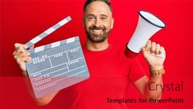  Presentation with clapboard - Amazing PPT theme having handsome-middle-age-man-holding backdrop and a red colored foreground
