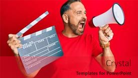  Presentation with clapboard - Amazing PPT layouts having handsome-middle-age-man-holding backdrop and a crimson colored foreground