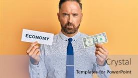  Presentation with economy - Cool new slide deck with handsome-middle-age-man-holding backdrop and a light blue colored foreground