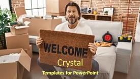  Presentation with welcome - PPT theme enhanced with handsome-middle-age-man-holding background and a tawny brown colored foreground