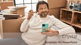  Presentation with new home - Presentation theme with handsome-middle-age-man-holding background and a  colored foreground