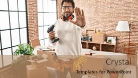  Presentation with sing - PPT theme having handsome-middle-age-man-holding background and a coral colored foreground