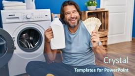  Presentation with laundry detergent - Slide deck with handsome-middle-age-man-saving background and a ocean colored foreground