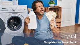  Presentation with laundry detergent - PPT theme with handsome-middle-age-man-saving background and a ocean colored foreground