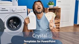  Presentation with laundry detergent - PPT theme having handsome-middle-age-man-saving background and a ocean colored foreground