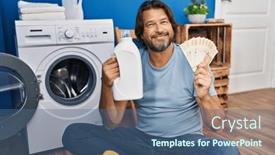  Presentation with laundry detergent - PPT theme featuring handsome-middle-age-man-saving background and a ocean colored foreground