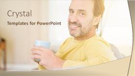  Presentation with coffe - Audience pleasing PPT layouts consisting of handsome middle age man sitting on the sofa relaxed drinking a cup of coffe and smiling at the camera at home backdrop and a lemonade colored foreground
