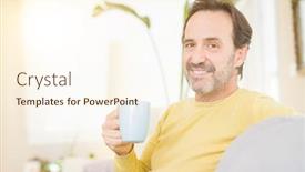  Presentation with coffe - Slide set having handsome middle age man sitting on the sofa relaxed drinking a cup of coffe and smiling at the camera at home background and a cream colored foreground
