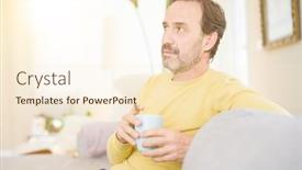  Presentation with coffe - Presentation theme having handsome middle age man sitting on the sofa relaxed drinking a cup of coffe and smiling at the camera at home background and a cream colored foreground