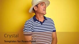  Presentation with polo - Cool new slide deck with handsome middle age man wearing striped polo and hat over isolated yellow background looking away to side with smile on face natural expression laughing confident backdrop and a gold colored foreground