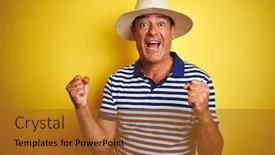  Presentation with polo - Presentation theme with handsome middle age man wearing striped polo and hat over isolated yellow background very happy and excited doing winner gesture with arms raised smiling and screaming for success background and a gold colored foreground
