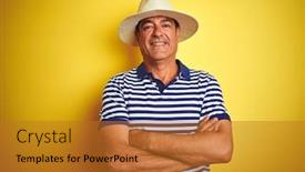  Presentation with polo - PPT layouts having handsome middle age man wearing striped polo and hat over isolated yellow background happy face smiling with crossed arms looking at the camera positive person background and a gold colored foreground