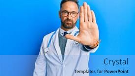  Presentation with hand palm - Slide deck consisting of handsome-middle-age-man-wearing background and a light blue colored foreground